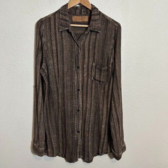 The Nu Vintage Button Up Tunic Shirt M Brown Textured Long Sleeve Stripe Boho - Picture 8 of 9